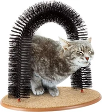 Cat Self-Groomer - Bristle Ring Brush Arch with Carpeted Tan and Black 