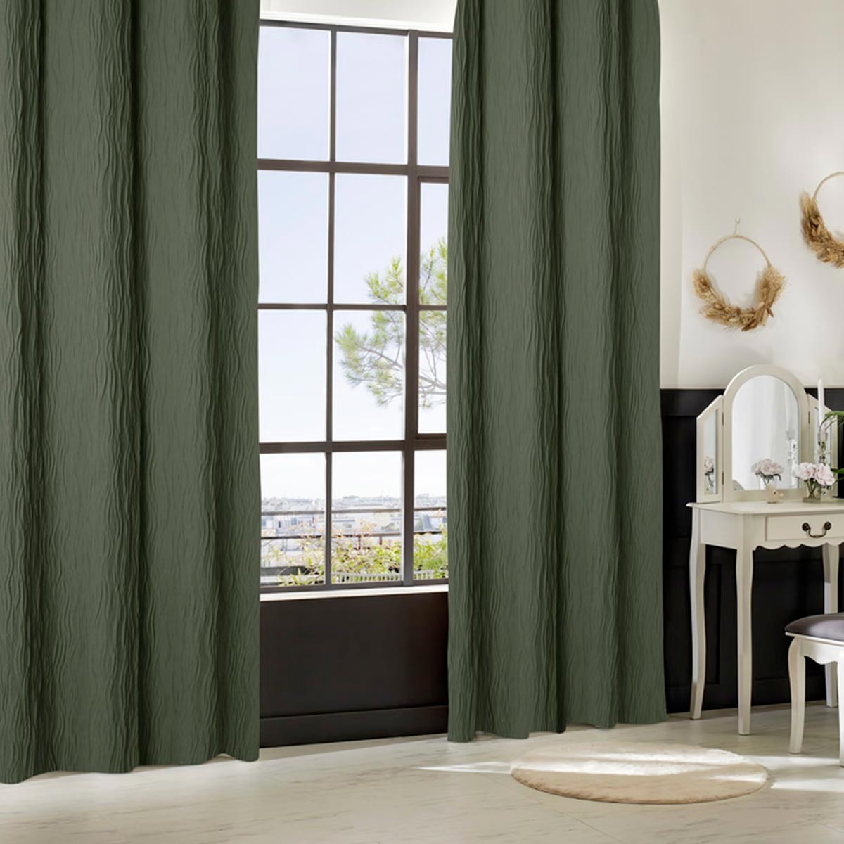 Rideau plissé Maëly vert kaki anti-vis-à-vis 135x260cm pour vis-à-vis