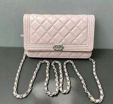 AUTH Chanel Boy WOC  Light Pink Lambskin Chain Wallet on Chain Crossbody Bag