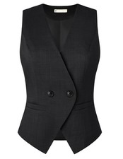 Vintage Women's Waistcoat Sleeveless Surplice V-Neck Vest with Pockets Black S