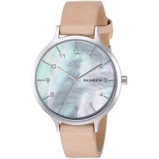[Skagen] SKAGEN Anita 36mm Watch, Leather Strap, White Shell x Beige, SKW2634, W