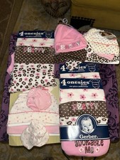 Gerber Carter's Baby Girl Newborn Onesies Caps Lot Cotton Pink/Brown