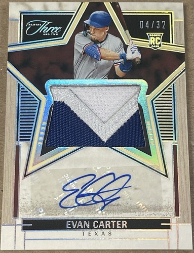 EVAN CARTER 2024 PANINI THREE & TWO ROOKIE PATCH AUTO /32 TEXAS RANGERS