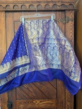 VTG Banarasi Silk Saree Purple Gold Zari Brocade Kalka Paisley Ornate Fabric