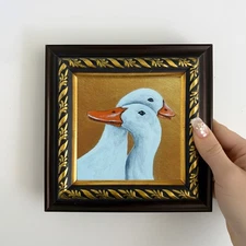 Original Couple Duck Painting on Brown Gold Mini Framed Hand Painted Animal Art