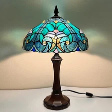 COTOSS Tiffany Style Cyan Green Stained Glass Table Lamp - Antique Victorian ...