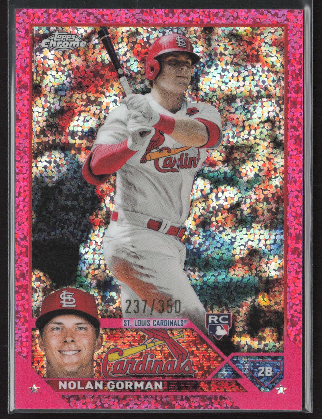 2023 Topps Chrome #192 Nolan Gorman Magenta Speckle Refractor #/350 Rookie