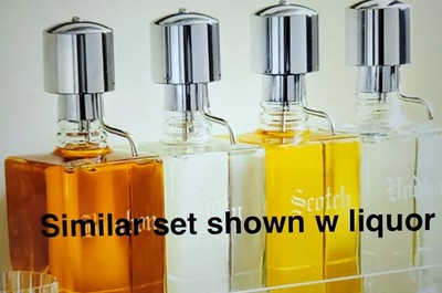 Vintage MCM Pump Dispenser Glass Decanter Set  Lucite Tray 4 bottles For Liquor