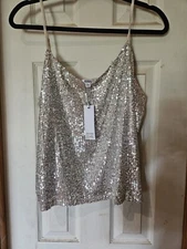 BB Dakota Steve Madden Silver Sequin Spaghetti Strap Top Sz Lg NWT