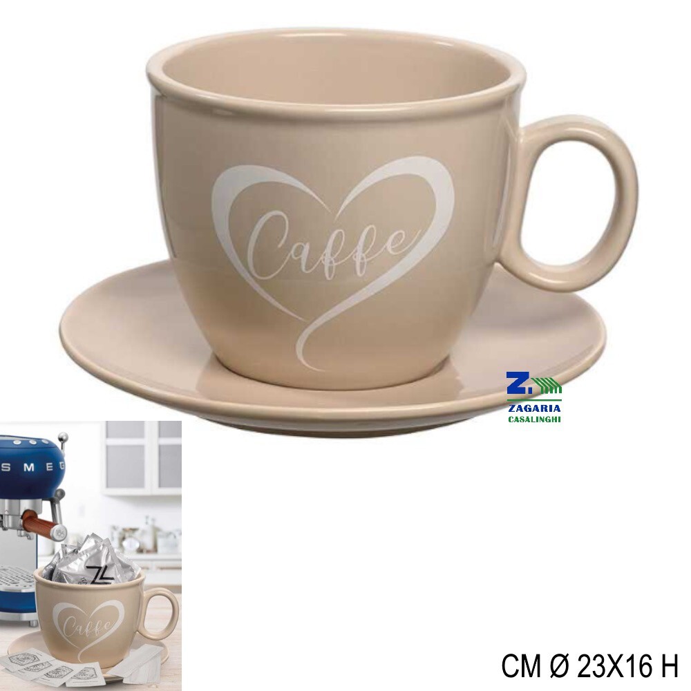 TAZZONE PORTACIALDE IN CERAMICA COLORE TORTORA CON SCRITTA CAFFE' CM 23X16 H