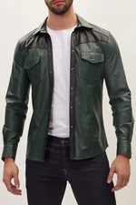 Men's Real Lamb Leather Full Sleeves Shirt Contrast Panels Green  Black Shirt