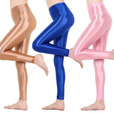 Damen Hochelastisch Satin Glänzend Wetlook Leggins Fitness Sports Hose Leggings - Bild 1 von 4