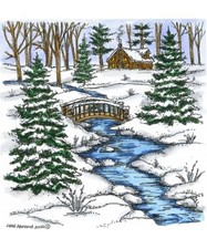 Stream Bridge Winter Tree Scene Wood Mounted Rubber Stamp NORTHWOODS PP11242 New