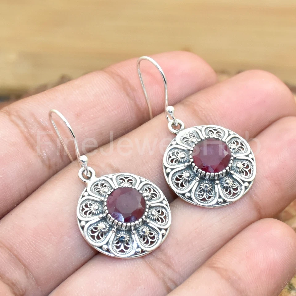 Indian Ruby Earring 925 Sterling Silver Lab Created Ruby Earring Gift for Her - Image 3 of 4