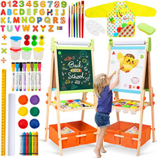 Double-Sided Kids Wooden Easel with 100 Accessories Adjustable Height