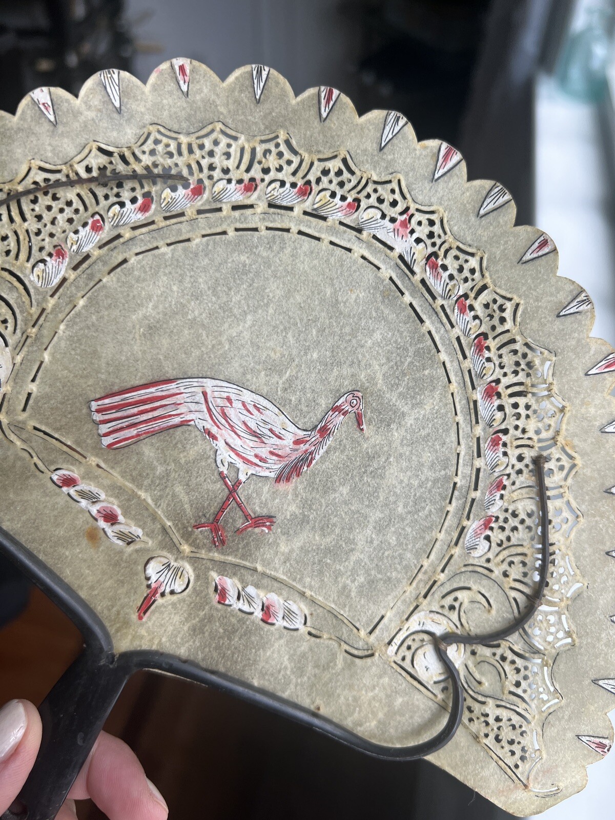 Antique Hand Held Fan Gilt Pierced Animal Hide wi… - image 8