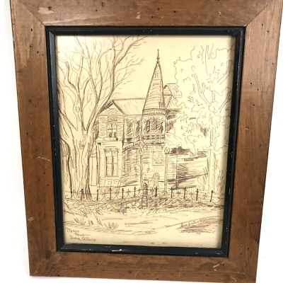Vtg Ink Drawing Morgan House Sonora Ca Eva Funkhouser 70s Wood Frame gothic
