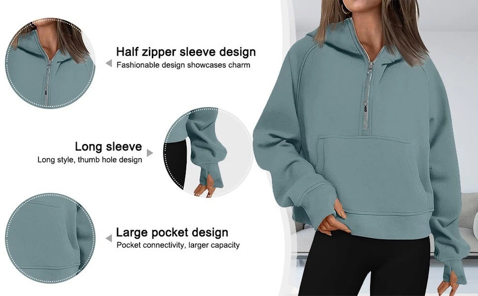 Womens Half Zip Pullover Long Sleeve Sweatshirt Hoodie Sweater Blouse Outwear - Image 3 of 4