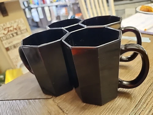 Set Of 4 Vintage Arcoroc France Octime Black Glass Cups Glasses MCM Octagon Mugs