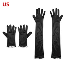 Womens Gloves Black Satin Gloves Faux Pearls Silky Decor Party Gloves Opera