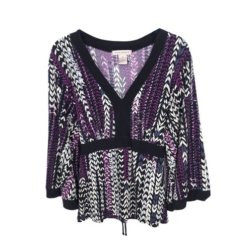 Susan Lawrence Top Womens Medium Bell V Neck 3/4 Sleeve Blouse Chevron Stretch