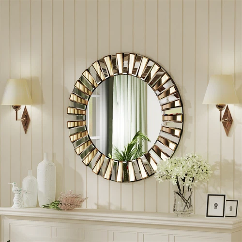 Modern Glam Circular Sunburst Wall Mirror Round 3D Accent Mirror Home Art Decor