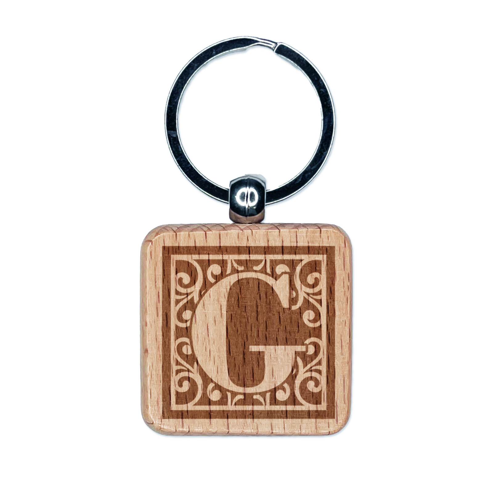 Monogram Swirls Capital Letter G Engraved Wood Square Keychain Tag Charm