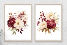 Burgundy Flowers Set of 2 Art Prints, Floral Wall Art Prints, Home Decor Prints