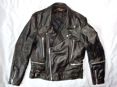 1982 GERMAN Double Breasted Motorcycle Biker Rocker Cowhide Leather Jacket, sz M