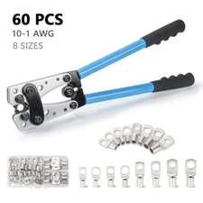 Battery Cable Lug Crimping Tool 10-1 AWG W 60PC Copper Ring Terminal Heavy Duty