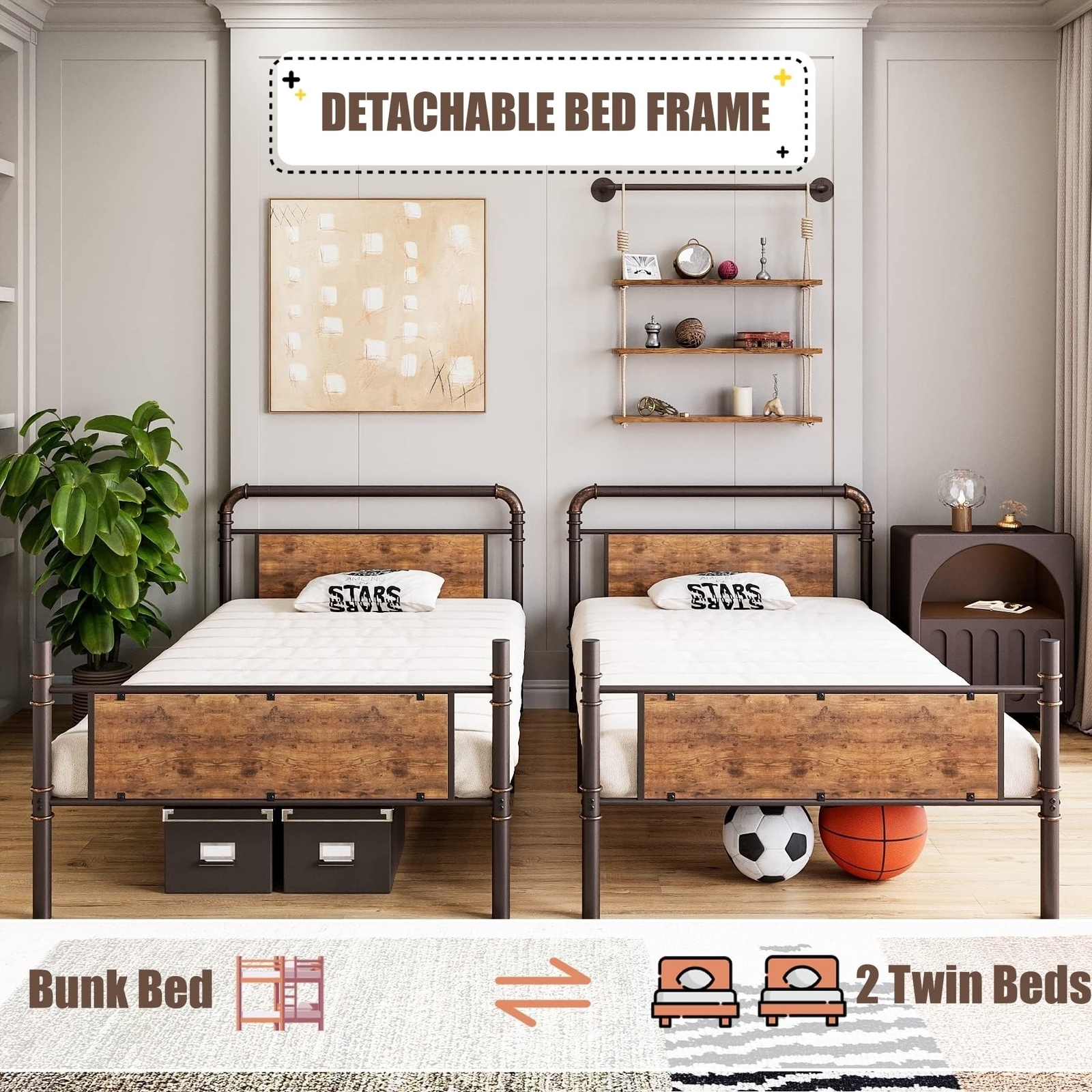 Metal Bunk Bed Twin Over Twin for Kids Heavy Duty Twin Size Bed Frame & Ladders