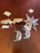 Set Of 4 Glittery Christmas Ornaments: Star, Angel Wings, Crescent Moon