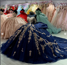 Navy Blue Quinceanera Dresses with Gold Lace Bow Sweet 15 16 Prom Ball Gowns