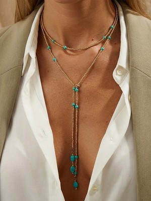 Multicolor Y-Shaped Beaded Turquoise Pendant Necklace One Size