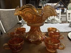 Marigold Imperial Carnival Glass Hobstar & Arches Ruffled Punch Bowl & 4 Cups