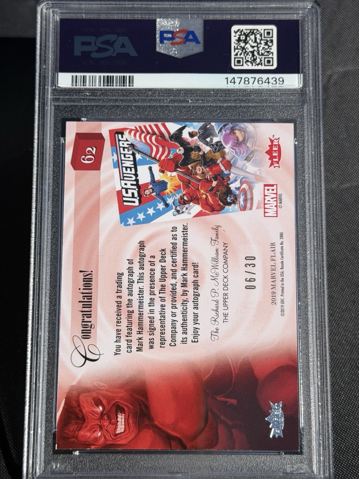 2019 Flair Marvel Red Hulk #62 Mark Hammermeister Artist Auto /30 PSA/DNA Auth view 2