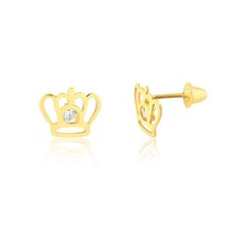 Crown Cubic Zircon 18k Solid Yellow Gold Screw Back Stud Earrings Toddlers Girls