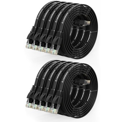 10 PCS 3 FT Black Cat 6 Flat Ethernet Cable Snagless RJ45 Network LAN Cord