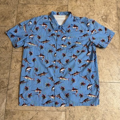 Columbia PFG Mens 2XL Blue Vented Short Sleeve Swordfish All Over Print