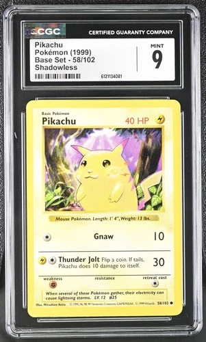 CGC 9 MINT Pikachu 1999 Base Set 58/102 Shadowless Pokemon Card