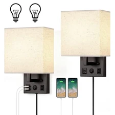 Wall Sconces Plug in with Bulbs - Wall Lamps for Bedroom with USB and Outlet,...