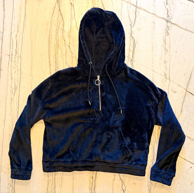 Free Haven Women's Black Faux Fur 1/4 Zip Hooded Pullover Hoodie Size M