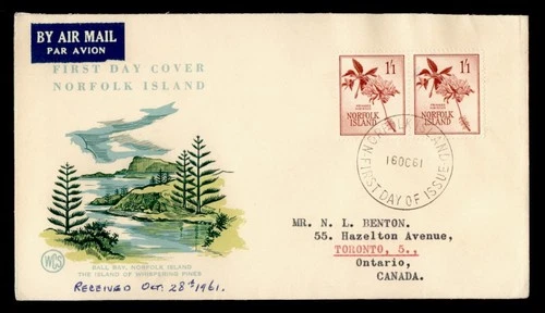 DR WHO 1961 NORFOLK ISLAND FDC FLOWER/PLANT PAIR WSC CACHET TO CANADA M71467
