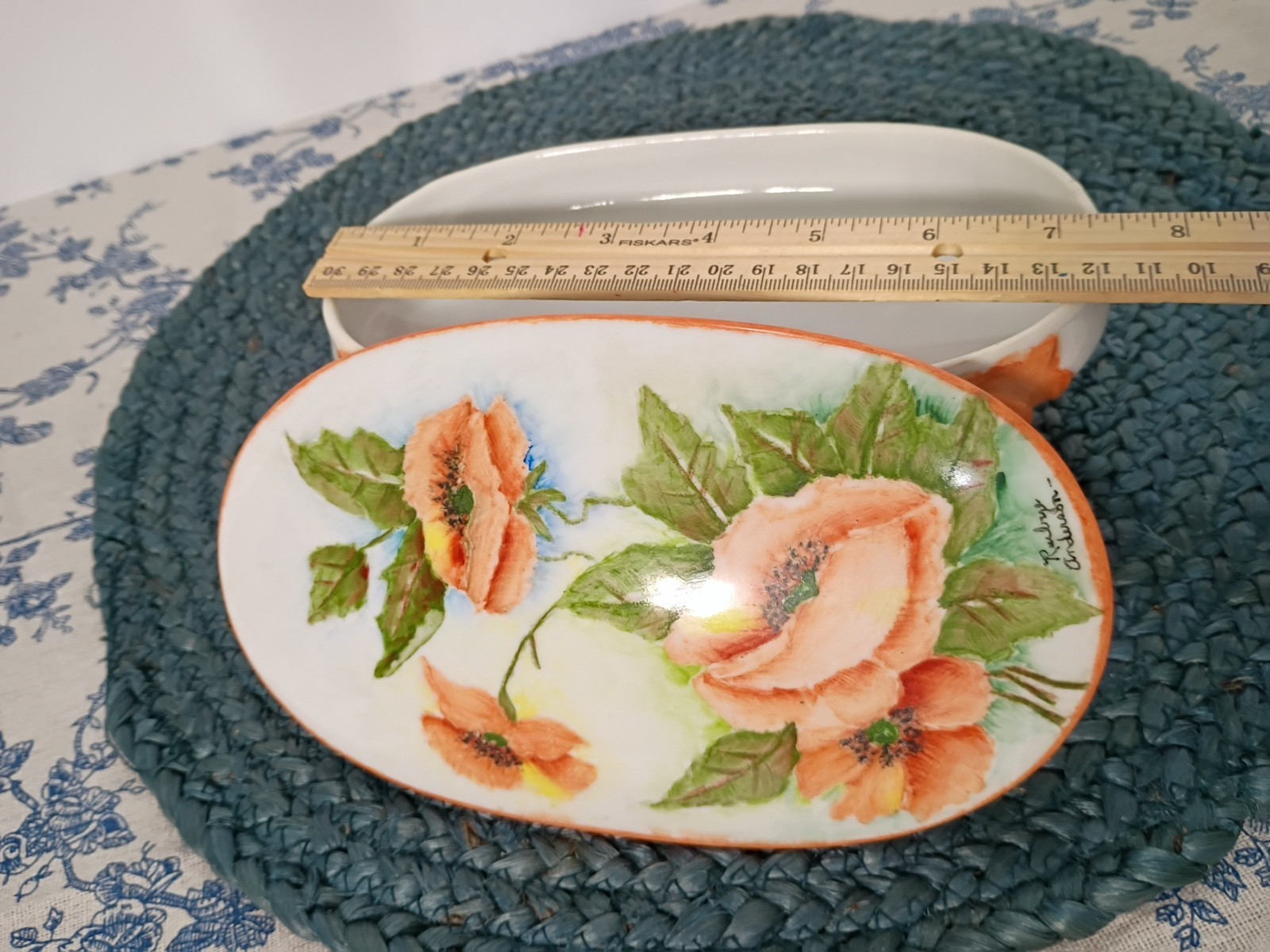 Vintage Porzellan handbemalt Mohn Schmuckschatulle signiert von Rubye Anderson GrannyCore