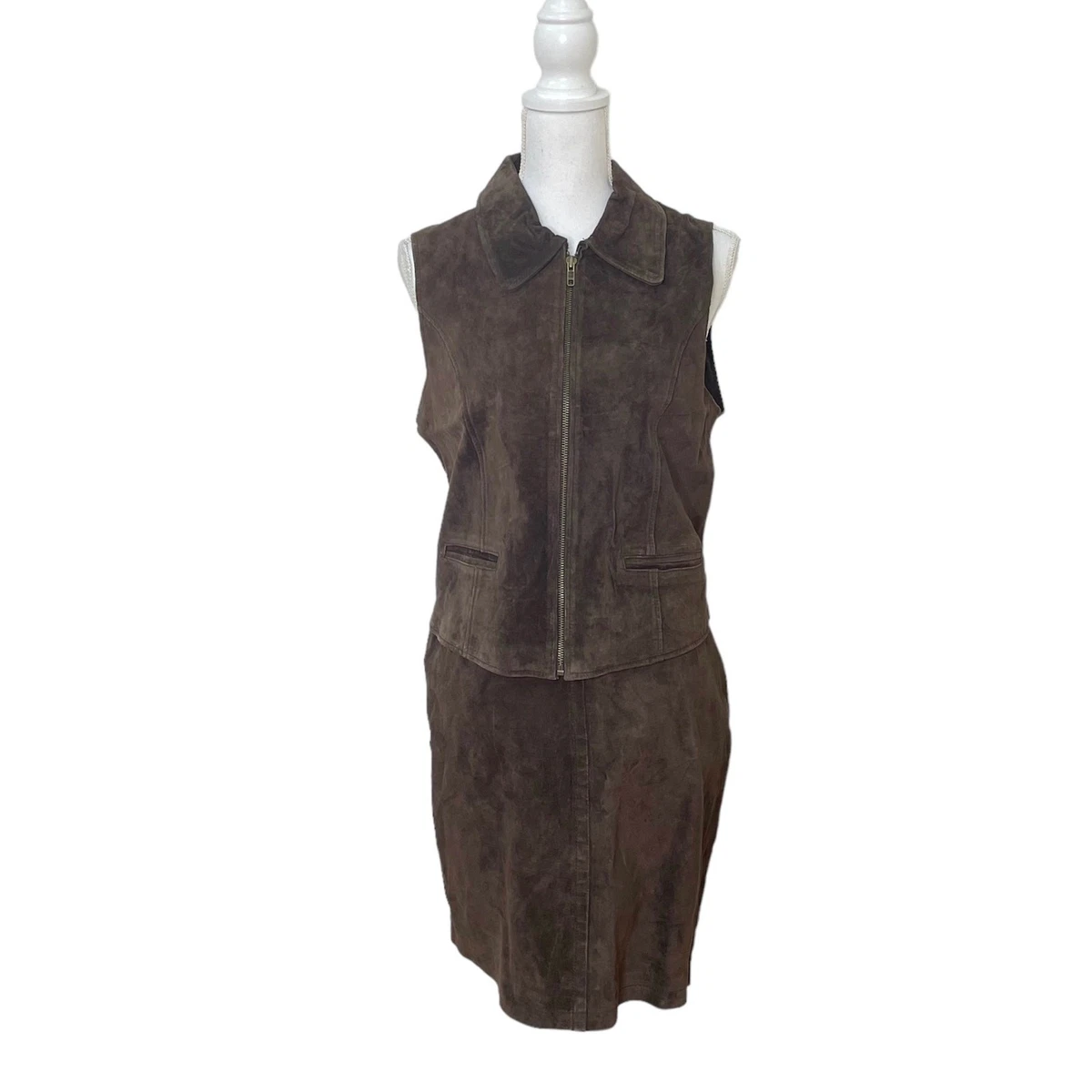 Gilet Vintage Femme Hunt Club – Taille 10 – Marron, Sans Manches, Col Zippé, Cuir – Très Bon état