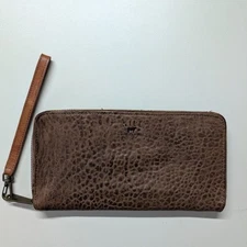 Will Leather Goods Zip Around Large Bifold Clutch Wallet Wristlet Brown