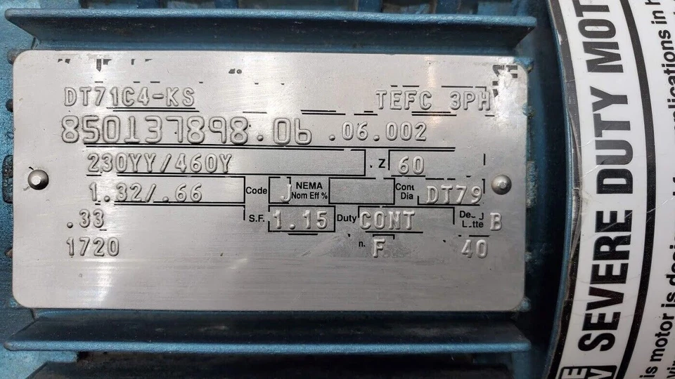 SEW Eurodrive DT71C4-KS Severe Duty Motor 3PH 230/460V 60Hz 1.32/.66A .33HP  - Image 2 of 4