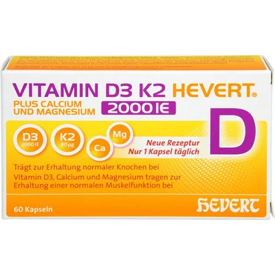 HEVERT ARZNEIMITTEL GMBH & CO. KG VITAMIN D3 K2 Hevert+Calcium u.Magnes.2000 IE Kps. 60 St PZN19295682