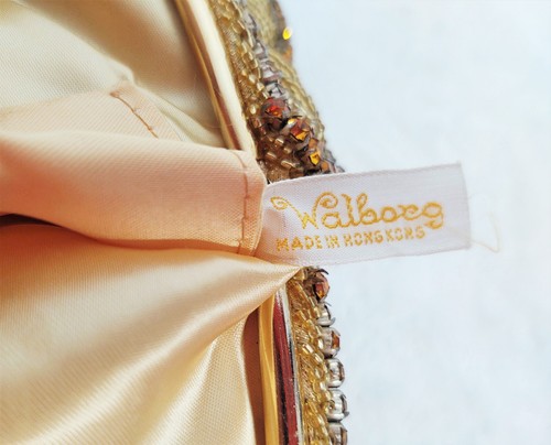 Vintage 50s Warborg Evening Hand Bag Clutch Purse Gold Silk Beaded Hong Kong - Picture 4 of 8