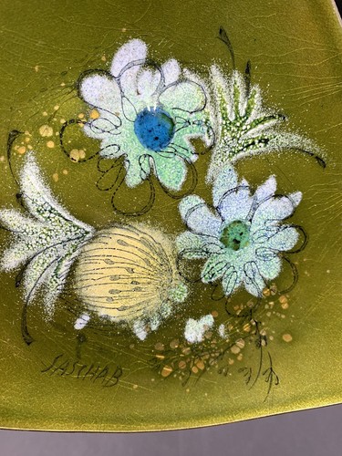 Vintage Sascha Brastoff Ashtray Green Floral Enamel on Copper Dish Signed MCM - Picture 3 of 8